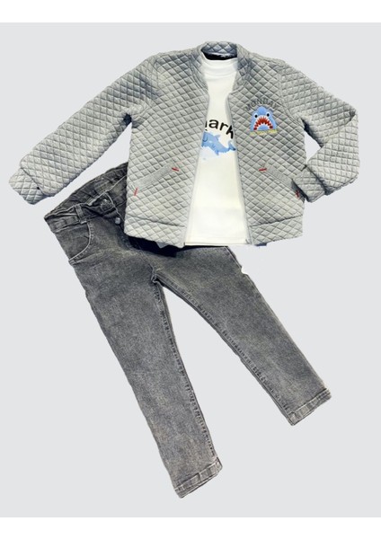 4-5-6 Yaş Kot Pantolonlu Pilot Mont Uzun Kollu Penye Sweat 3lü Erkek Çocuk Takımı