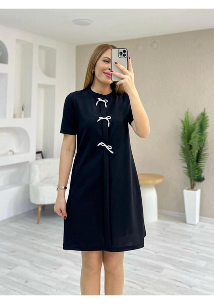 Kadın Kısa Kollu Bisiklet Yaka Önden Fiyonk Detaylı Ithal Krep Elbise fırsatları