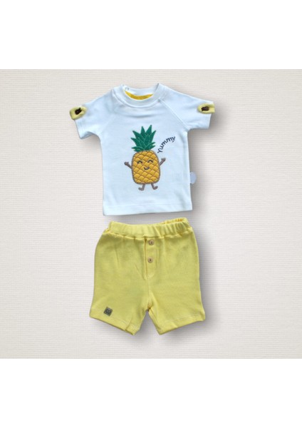 6-9 9-12 12-18 Ay Ananas Nakışlı Kısa Kollu Sweatli Şortlu 2li Kız-Erkek Bebek Takımı