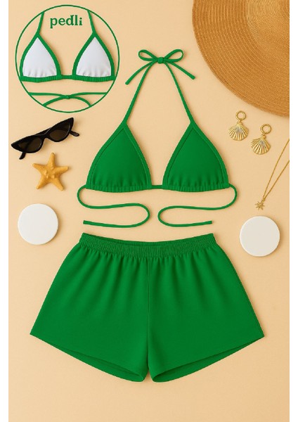 Kadın Yeşil Şortlu Belden ve Boyundan Bağlamalı Bikini Takımı – Modern, Konforlu ve Günlük Kombinlere Uygun modelleri