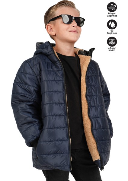 Erkek Çocuk Su ve Rüzgar Geçirmez Içi Kürklü Kapüşonlu Mont Düz Çizgi Desenli