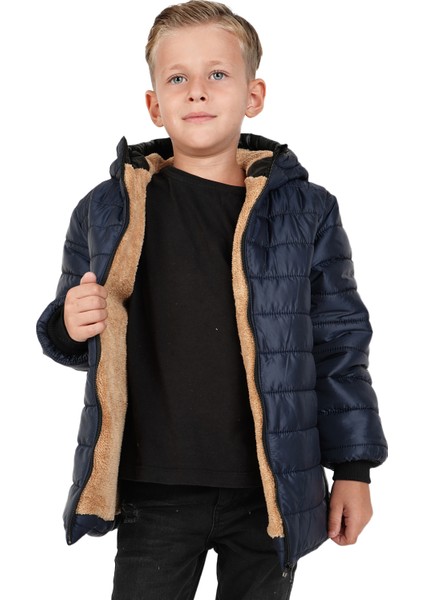 Erkek Çocuk Su ve Rüzgar Geçirmez Içi Kürklü Kapüşonlu Mont Düz Çizgi Desenli modelleri