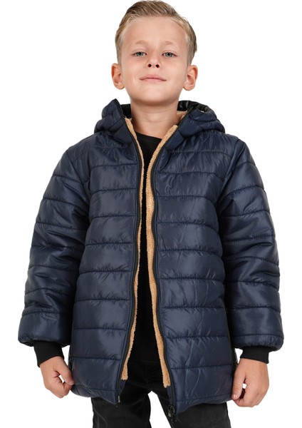 Erkek Çocuk Su ve Rüzgar Geçirmez Içi Kürklü Kapüşonlu Mont Düz Çizgi Desenli fırsatları
