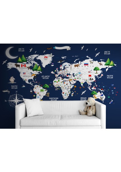 MODAGOS068 Dünya Haritası Çocuk ve Bebek Odası hayvanlar Alemi Duvar KAĞIDI-3819 modelleri