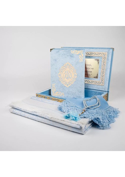 Şal + Seccade + Tesbih + Kuran Hediye Seti (Orta B. Şems Lafzatullah Gold Pleksi Raşel Kutu, B.mavi)