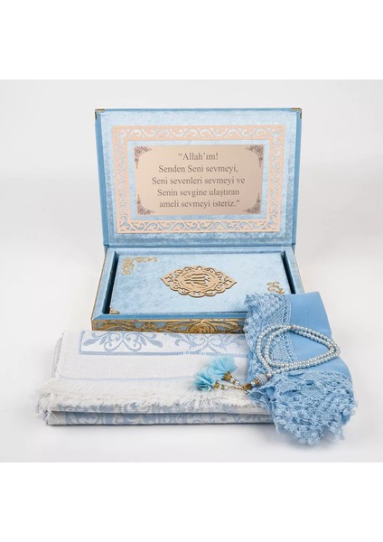 Şal + Seccade + Tesbih + Kuran Hediye Seti (Orta B. Şems Lafzatullah Gold Pleksi Raşel Kutu, B.mavi) fiyatları
