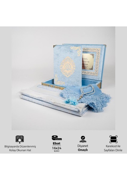 Şal + Seccade + Tesbih + Kuran Hediye Seti (Orta B. Şems Lafzatullah Gold Pleksi Raşel Kutu, B.mavi) modelleri