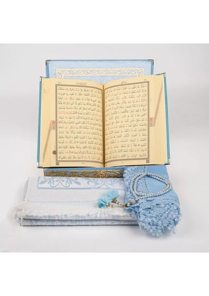 Şal + Seccade + Tesbih + Kuran Hediye Seti (Orta B. Şems Lafzatullah Gold Pleksi Raşel Kutu, B.mavi) fırsatları