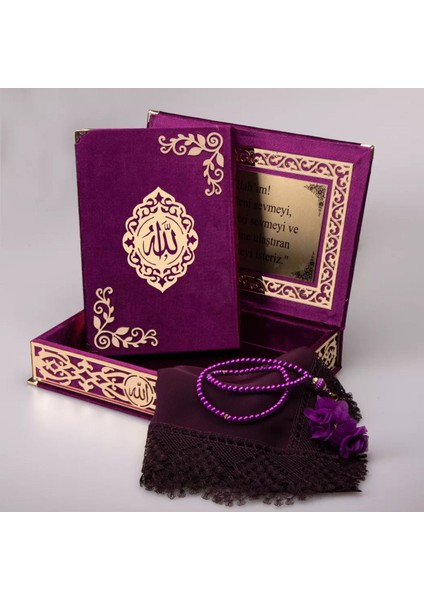 Şal + Tesbih + Kuran Hediye Seti (Orta Boy, Şemslafzatullah, Gold Pleksi, Raşel Kutu, Mor)