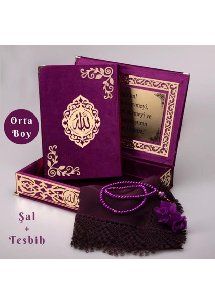 Şal + Tesbih + Kuran Hediye Seti (Orta Boy, Şemslafzatullah, Gold Pleksi, Raşel Kutu, Mor) modelleri