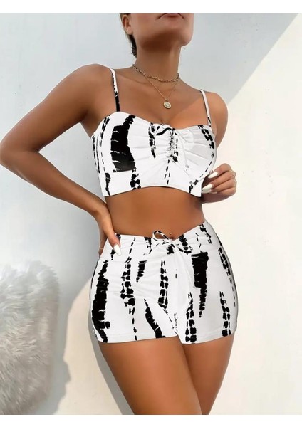 Kadın Büzgü Detay Askılı Crop Mini Tayt Ikili Takım modelleri