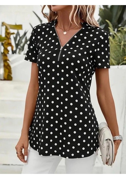 Kadın Kısa Kollu Yakadan Fermuarlı Puantiyeli Uzun Dokuma Viskon Bluz fırsatları
