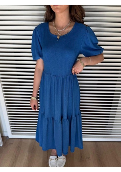 Kadın Kısa Kollu Yakası Açık Katlı Bürümcük Balon Elbise fiyatları