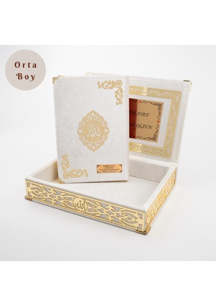 Raşel Kutulu Hediyelik Kuran-I Kerim (Orta Boy, Krem, Şems Lafzatullah Gold Pleksi) modelleri