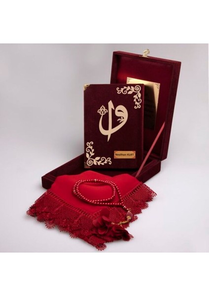 Kişiye Özel Hediye Bordo Orta Boy Plaketli Kuranı Kerim Tespih Örtü Seti modelleri