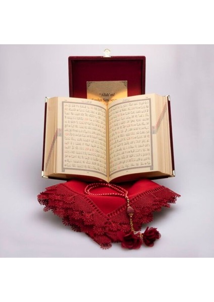 Kişiye Özel Hediye Bordo Orta Boy Plaketli Kuranı Kerim Tespih Örtü Seti fırsatları