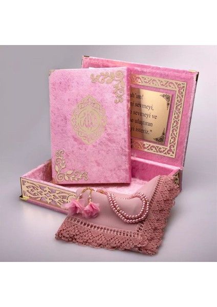 Şal + Tesbih + Kuran Hediye Seti (Orta Boy, Şemslafzatullah, Gold Pleksi, Raşel Kutu, Bebe Pembe)