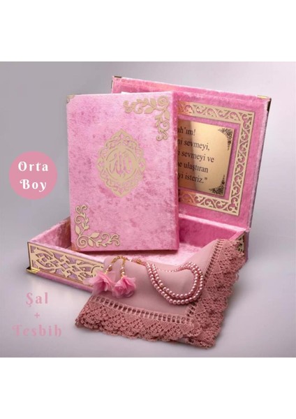 Şal + Tesbih + Kuran Hediye Seti (Orta Boy, Şemslafzatullah, Gold Pleksi, Raşel Kutu, Bebe Pembe) modelleri