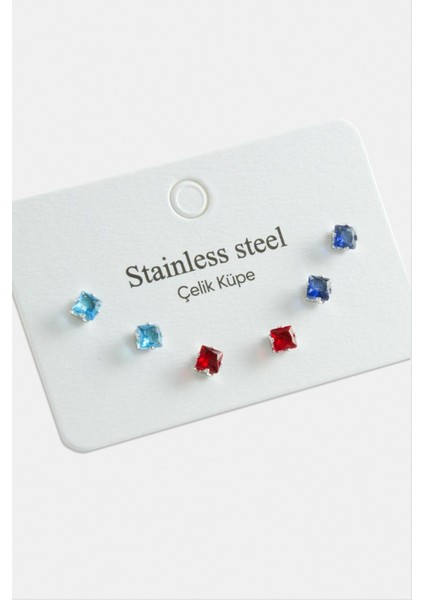 6 Adet Kare Zirkon Tek Taşlı Çelik Küpe