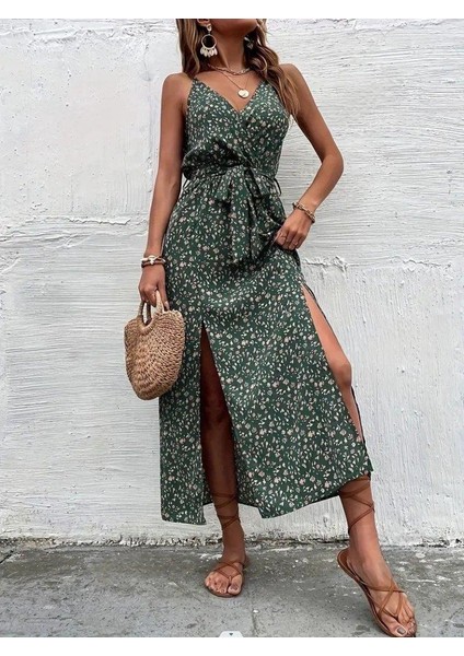 Kadın Ip Askılı Kruvaze Yakalı Yırtmaçlı Uzun Desenli Kuşaklı Süprem Elbise modelleri