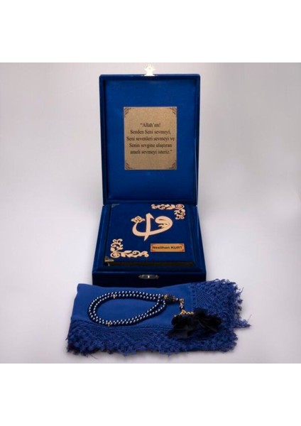 Kişiye Özel Hediye Mavi Orta Boy Plaketli Kuranı Kerim Tesbih Örtü Seti modelleri
