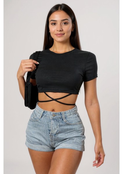 Kadın Siyah Yarım Kol Çapraz Bağlamalı Crop Top Bluz – Şık, Rahat ve Kolay Kombinlenebilir fiyatları