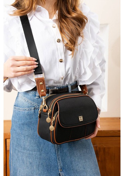 ,çok Gözlü ,şık siyah taba bayan Çapraz Çantası