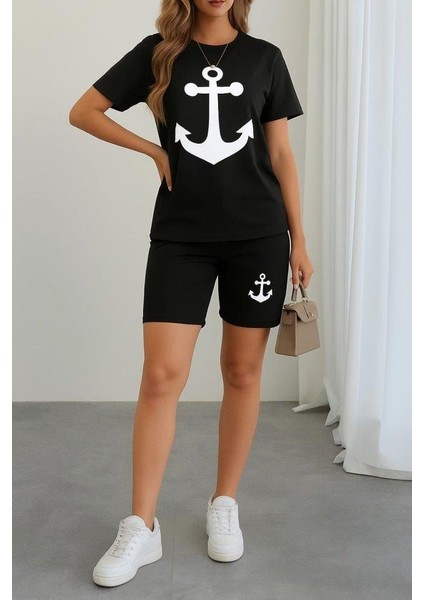 Kadın Kısa Kollu Çapa Baskılı Viskon Ikili Takım