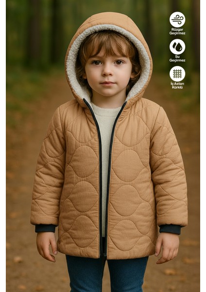 Erkek Çocuk Su ve Rüzgar Geçirmez Içi Kürklü Kapüşonlu Mont Soğan Desenli
