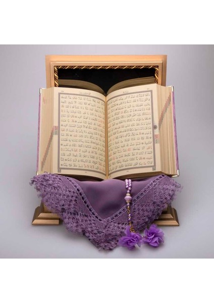 Şal Tesbih Kuran Hediye Seti (Hafız Boy, Ahşap Kutulu, Kadife, Lila)