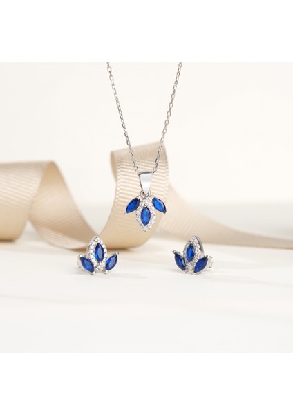 925 Ayar Rodyum Kaplama Safir Taşlı Yaprak Model Gümüş Set