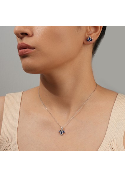 925 Ayar Rodyum Kaplama Safir Taşlı Yaprak Model Gümüş Set fiyatları