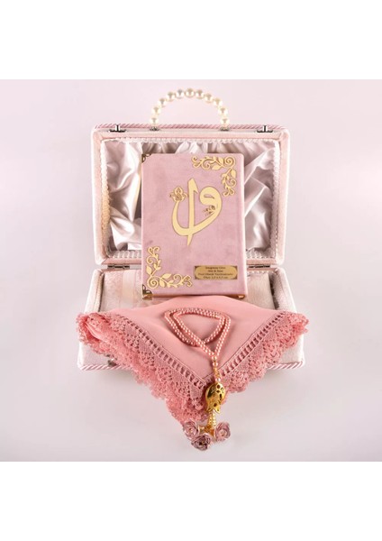 Boncuklu Kutu Çeyizlik, Şal + Seccade + Kuran Hediye Seti (Hafız Boy 14X20CM . Kadife, Pudra Pembe) fiyatları