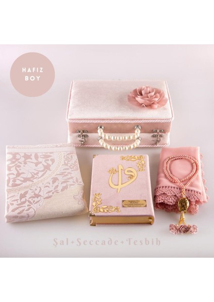 Boncuklu Kutu Çeyizlik, Şal + Seccade + Kuran Hediye Seti (Hafız Boy 14X20CM . Kadife, Pudra Pembe)