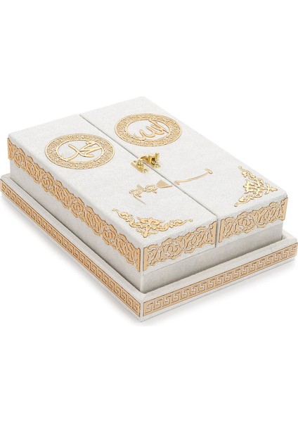 Masa Üstü Çift Kapaklı Kadife Kaplı Sandıklı Kuran Seti - Beyaz