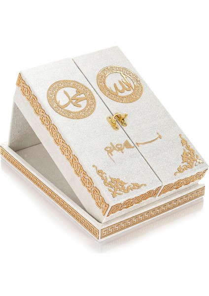 Masa Üstü Çift Kapaklı Kadife Kaplı Sandıklı Kuran Seti - Beyaz fiyatları