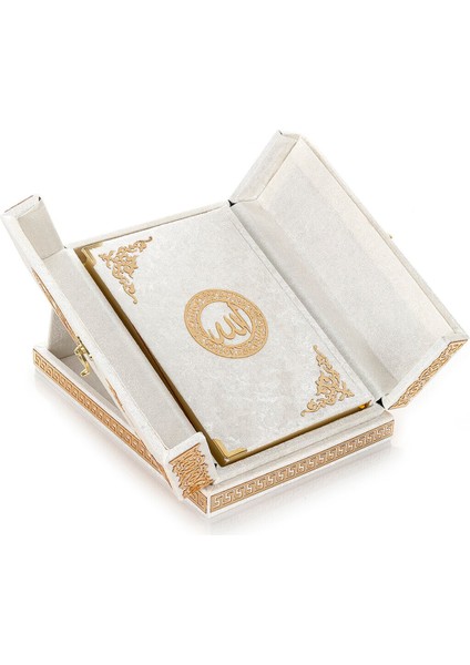 Masa Üstü Çift Kapaklı Kadife Kaplı Sandıklı Kuran Seti - Beyaz modelleri