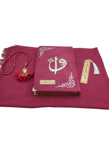 Hediye Kadife Kuranı Kerim Seti Namaz Örtüsü Tespih Ayraç Bordo