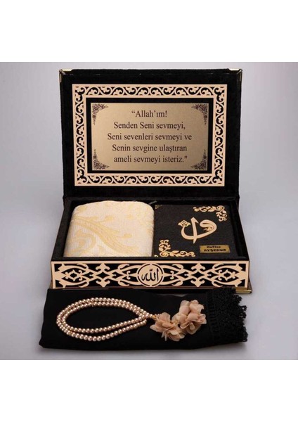 Raşel Kutulu, Şal + Seccade + Tesbih + Kuran Hediye Seti (Orta Boy, Siyah, Elif-Vav)
