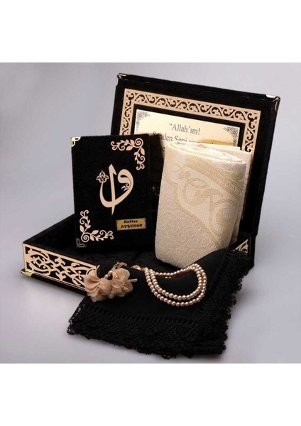 Raşel Kutulu, Şal + Seccade + Tesbih + Kuran Hediye Seti (Orta Boy, Siyah, Elif-Vav) modelleri