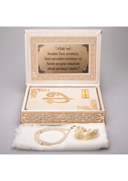 Şal + Tesbih + Kuran Hediye Seti (Orta Boy, Krem, Gold Pleksi)
