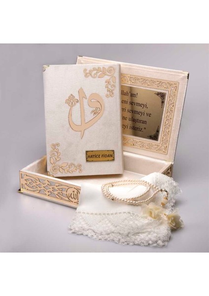 Şal + Tesbih + Kuran Hediye Seti (Orta Boy, Krem, Gold Pleksi) modelleri
