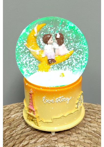 Sevgili Çift Hilal Pilli Müzikli Işıklı Kar Küresi (Büyük Boy)