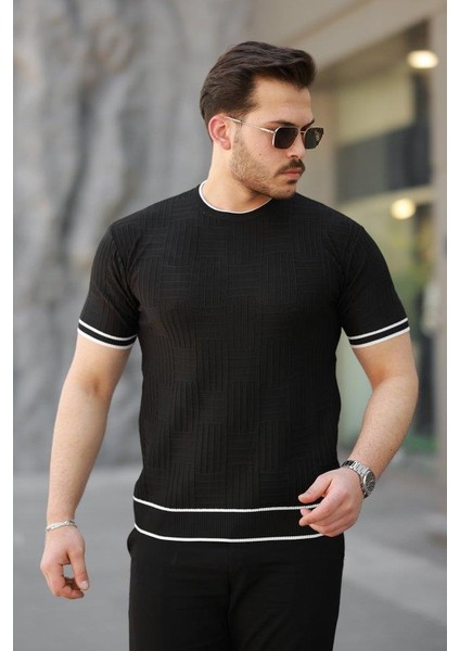 Erkek Jakarlı Ribanalı Kısa Kollu T-Shirt