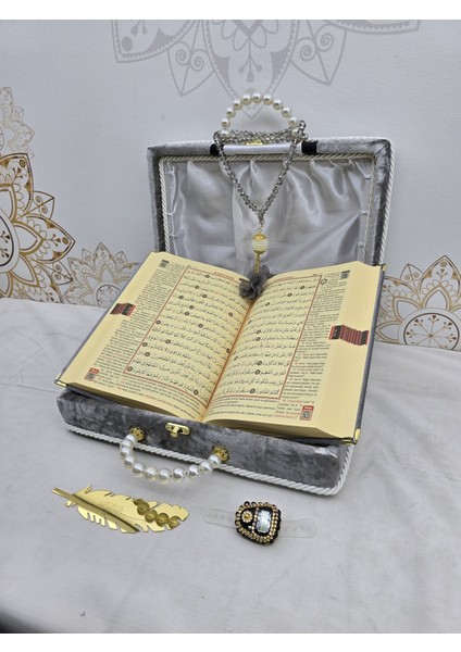 Kişiye Özel Kuranı Kerim Seti Damat Bohcası Gri Renk Mealli