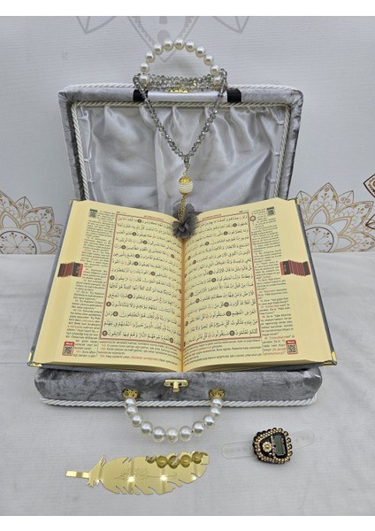 Kişiye Özel Kuranı Kerim Seti Damat Bohcası Gri Renk Mealli modelleri