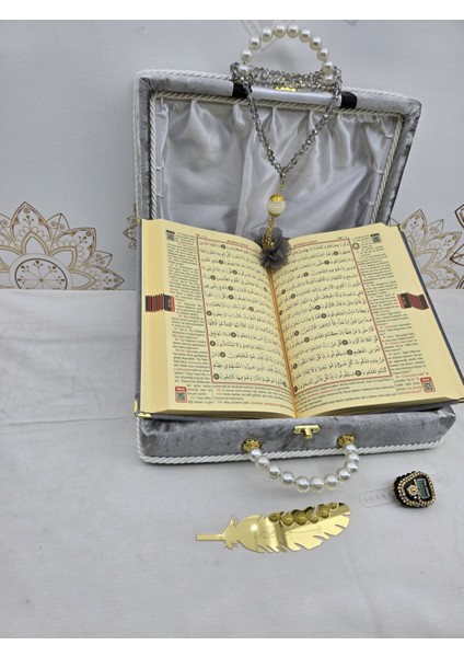 Kişiye Özel Kuranı Kerim Seti Damat Bohcası Gri Renk Mealli indirimleri