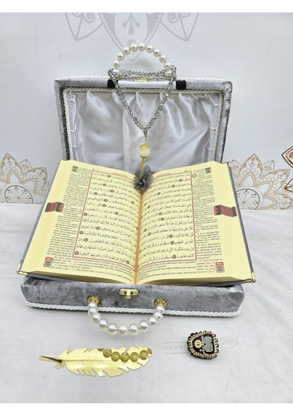 Kişiye Özel Kuranı Kerim Seti Damat Bohcası Gri Renk Mealli