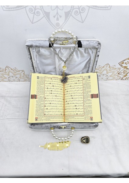 Kişiye Özel Kuranı Kerim Seti Damat Bohcası Gri Renk Mealli