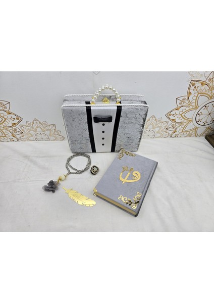 Kişiye Özel Kuranı Kerim Seti Damat Bohcası Gri Renk Mealli